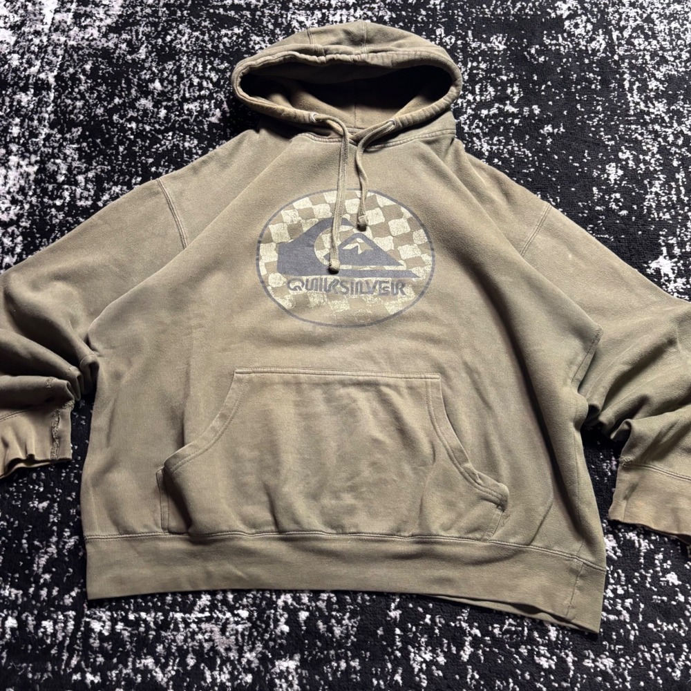 Quiksilver Mens Hoodie Y2K Surf Checkerboard Logo Pullover Olive Green XL - Picture 1 of 5